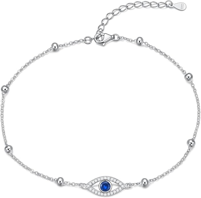 Rnivida 925 Sterling Silver Anklet for Women, Dainty Cross, Evil Eye, Anchor, Wave Beads Chain Ankle Bracelet
