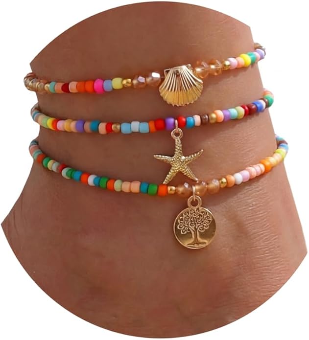 Fesciory Beaded Ankle Bracelets for Women, Boho Shell Anklet Set with Starfish Conch Seashell, Adjustable Hawaiian Summer Beach Foot Jewelry Fashion Gift