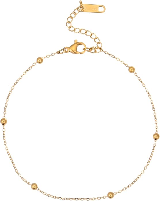 Dainty Ankle Bracelets for Women 18K Gold Plated Satellite Beaded Herringbone Lip Chain Anklets Simple Minimalist Summer Beach Foot Jewelry Christmas Gifts