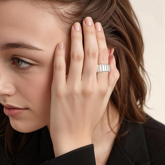 LeCalla 925 Sterling Silver Chunky Bold Signet Rings for Women and Men | Textured Twisted and Ribbed Statement Rings | Minimalist Texture Silver Ring Jewelry for Women & Men (Sizes 6-8 No.)