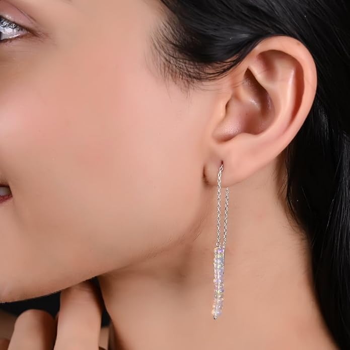 Sterling Silver Threader Earrings with Real Gemstone Beads - Elegant Pull-Through Design for Women, Dangling Western Earrings, Long and Short Adjustable Earring