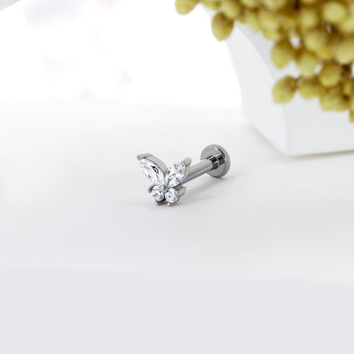 1Pcs 14K Yellow/White Gold Cartilage Earring for Women, 16G Threadless Flat Back Top Push in, Butterfly Tragus Helix Labret Lip Stud Piercing Jewelry