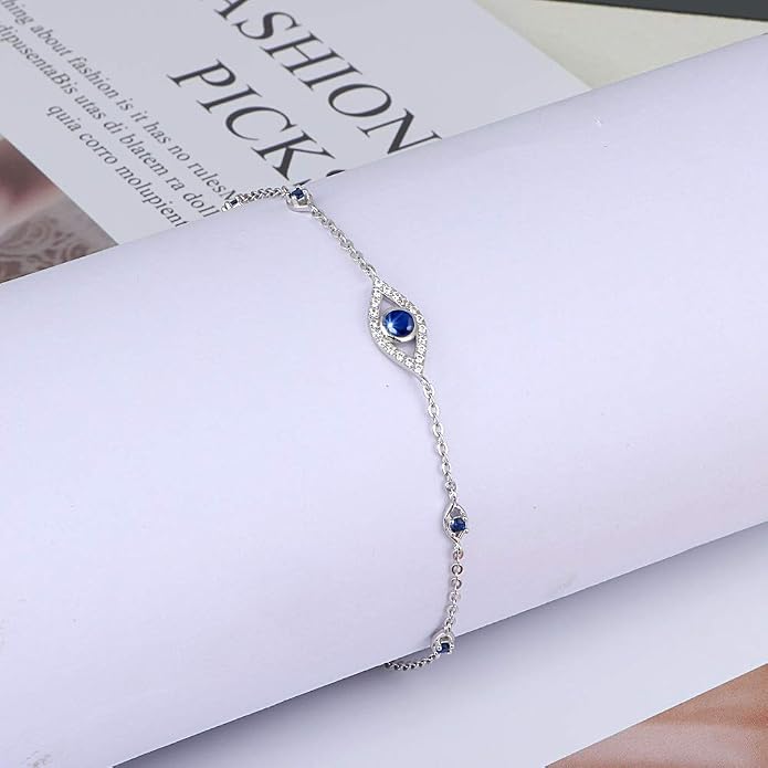 Blue Evil Eyes Link Bracelet, Evil Eye Earrings, S925 Sterling Silver Dainty Cubic Zirconia Adjustable Link Lobster Claw Clasp Chain Jewelry