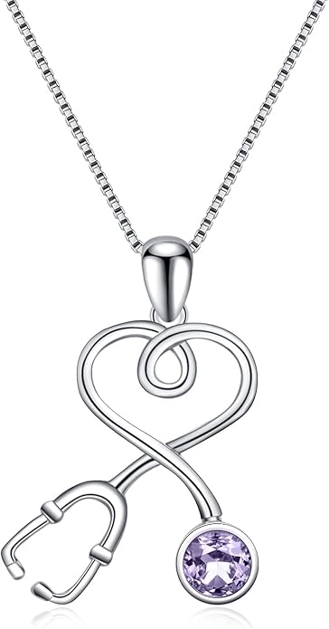 AOBOCO Stethoscope Necklace 925 Sterling Silver Embellished with 12 Months Birthstone Crystals from Austria, Graduation Gifts Medical Jewelry for Doctor Nurse Medical Student RN