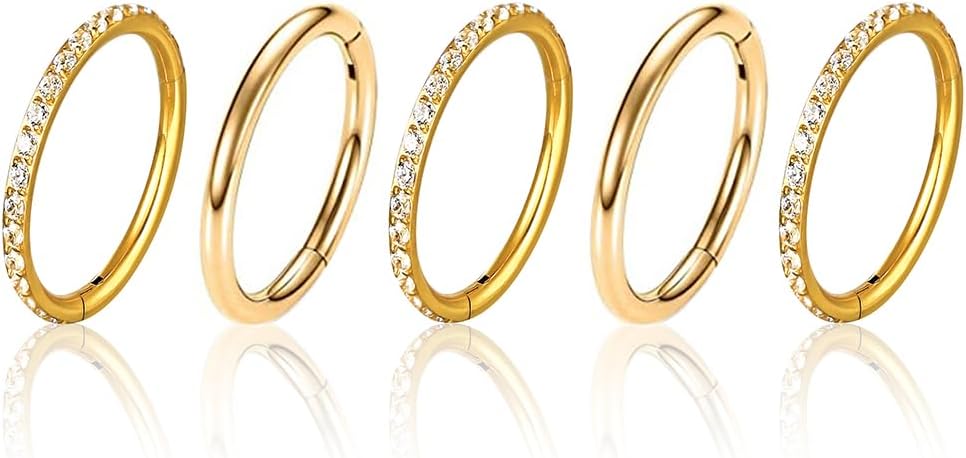 5/10PCS Septum Rings Hoop, 16G/1.2*(6-8-10) mm Surgical Stainless Steel CZ Segment Nose Rings, Cartilage Clicker Hoop Earrings for Rook, Daith, Tragus, Shell pattern Gold Silver
