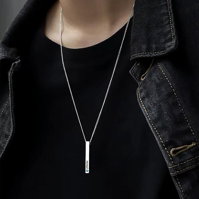 BellBlow- Personalized Bar Necklace Engraved with Name for Men Woman, Custom 3D Vertical Bar Pendant Name Chain Necklaces, 4sides Customizable Name Plate Necklace Jewelry Gift Boyfriend Girlfriend