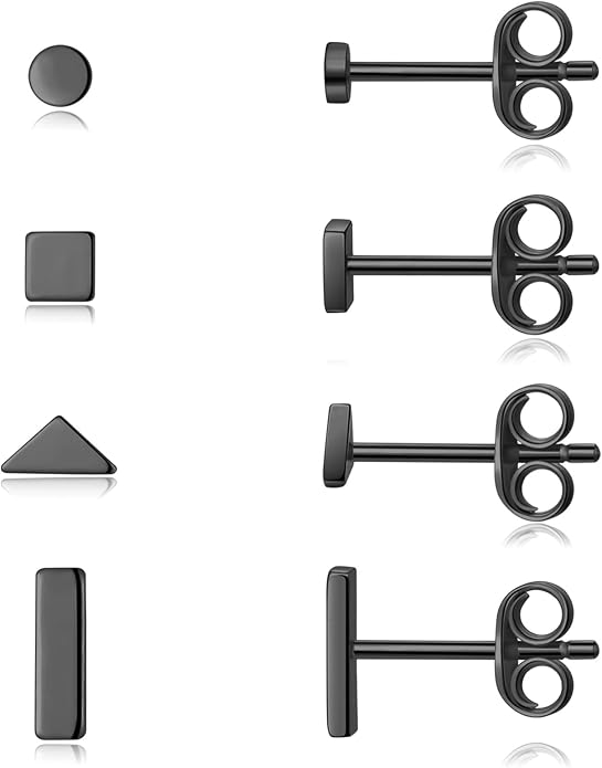 EPIRORA Sterling Silver Stud Earrings for Women Men- 4 Pairs of Hypoallergenic Simple Geometric Small Stud Earring Set Tiny Circle Triangle Square Bar Stud Earrings Mini Cartilage Tragus Earrings