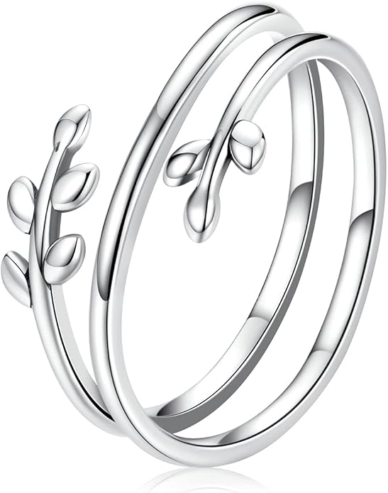 MUNDELL 925 Sterling Silver Simple Multi-layer Leaf Adjustable Ring Green Lucky Leaves Statement Ring for Women Promise Ring Fine Jewelry