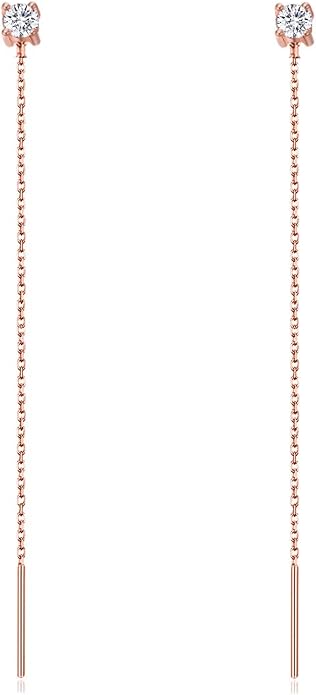 S.Leaf Gold Chain Threader Earrings for Women Trendy 925 Sterling Silver Hypoallergenic Cubic Zirconia Backless Ardant Chain Duster Threader Double Piercing Pull Through Earrings for Women Girls Birthday Gifts
