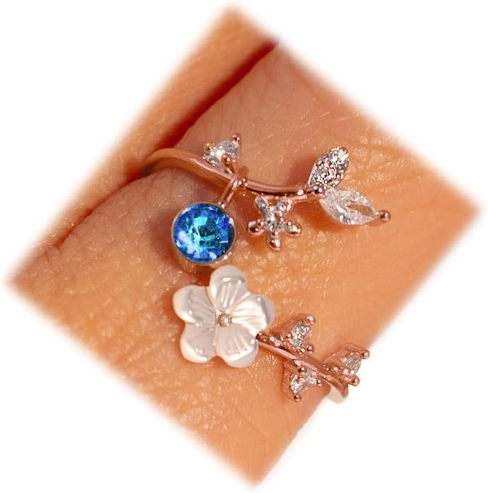 Birthstone Flower Rings For Women Non Tarnish Gemstone Cubic Zirconia Mother of Pearl Adjustable Size 7-11 Silver Rose 14K Gold Plated Birth Jewelry Gift For Birthday