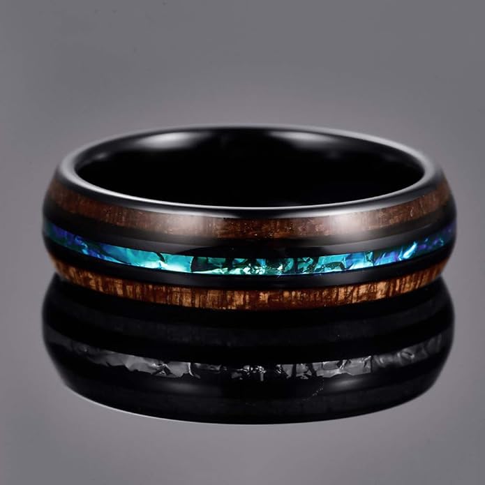 Vakki 6mm/8mm Tungsten Rings for Men Hawaiian Koa Wood Inlay Dome Abalone Shell/Blue Center Wedding Bands Comfort Fit Size 4 to 17
