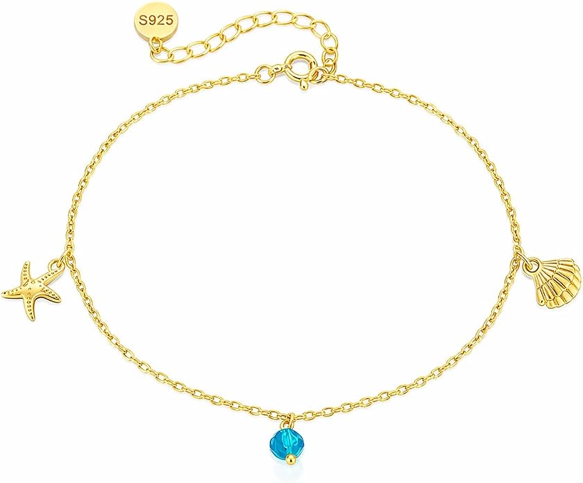 18K Gold Plated 925 Sterling Silver Ocean Anklet for Women, Dainty Starfish & Seashell Charm Beach Anklet Bracelet with Teal Blue Bead, Summer Foot Jewelry Gift