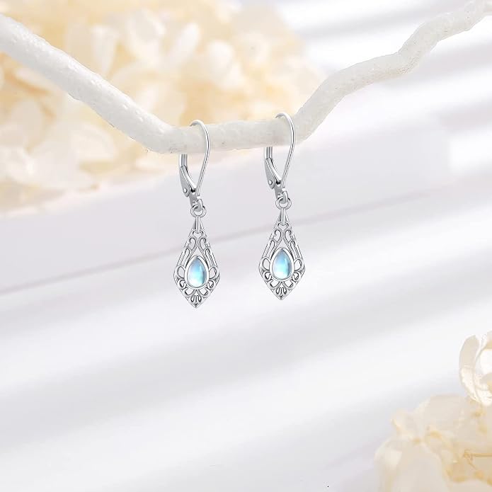 Dangle Earrings Sterling Silver Moonstone/Turquoise/CZ/Crystal Earrings for Women Tree of Life Animal Filigree Leverback Earrings Jewelry Gifts