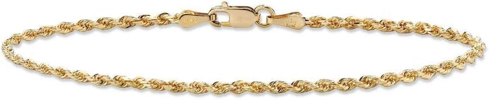 PORI JEWELERS 10K Solid Gold 2mm Diamond Cut Rope Chain Bracelet or Anklet for Women - Lobster Clasp