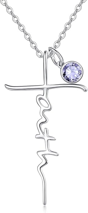 PRAYMOS Faith Cross Necklace for Women 925 Sterling Silver Pendant Necklace With Birthstone Initial Christian Religious Confirmation Baptism Mothers Day Gifts