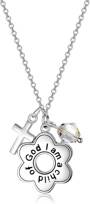 AOBOCO 925 Sterling Silver I Am a Child of God Daisy Necklace Jewelry Birthday Birthday Baptism Communion Gifts for Girls