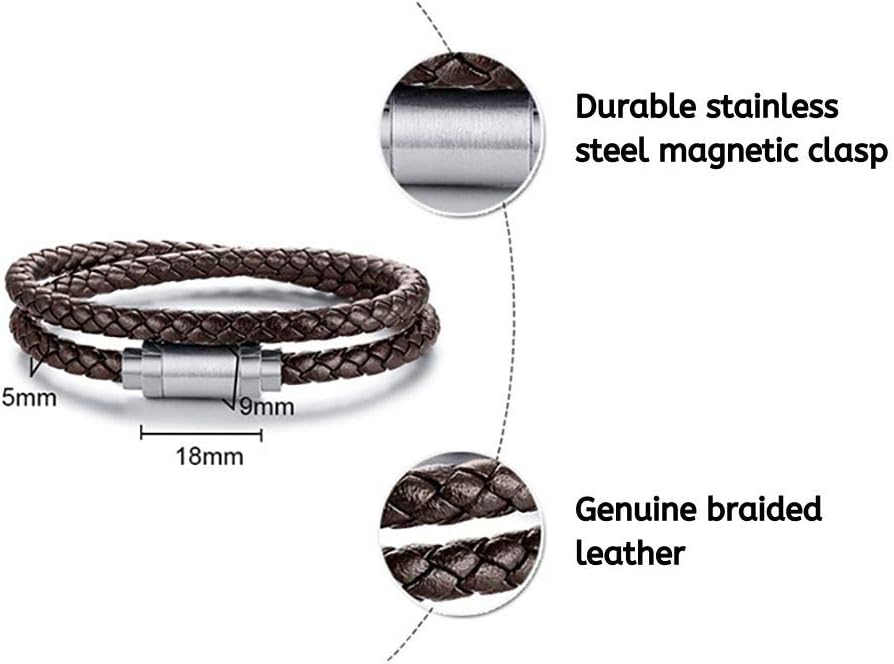globi Leather Bracelet For Men | Genuine Wrap Braided Leather Cuff Bangle Bracelet with Magnetic Stainless Steel Clasp For Men/Women