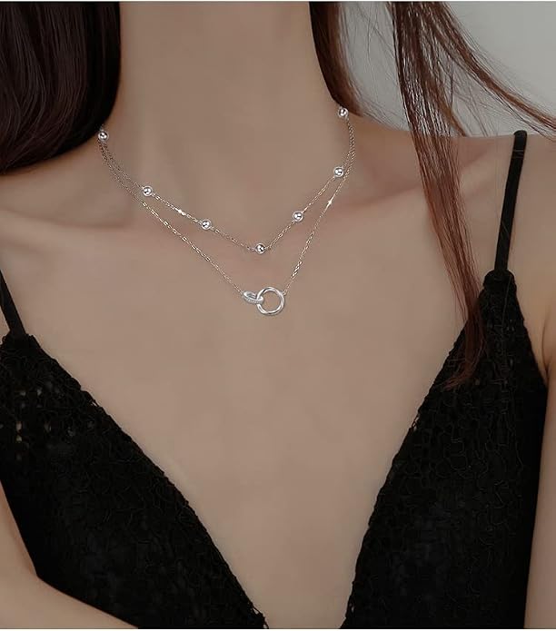 Layered Choker Necklaces for Women S925 Sterling Silver Circle/Heart/Cross/Star Multi Layered Necklace Handmade Bead Chain Adjustable Jewelry for Birthday