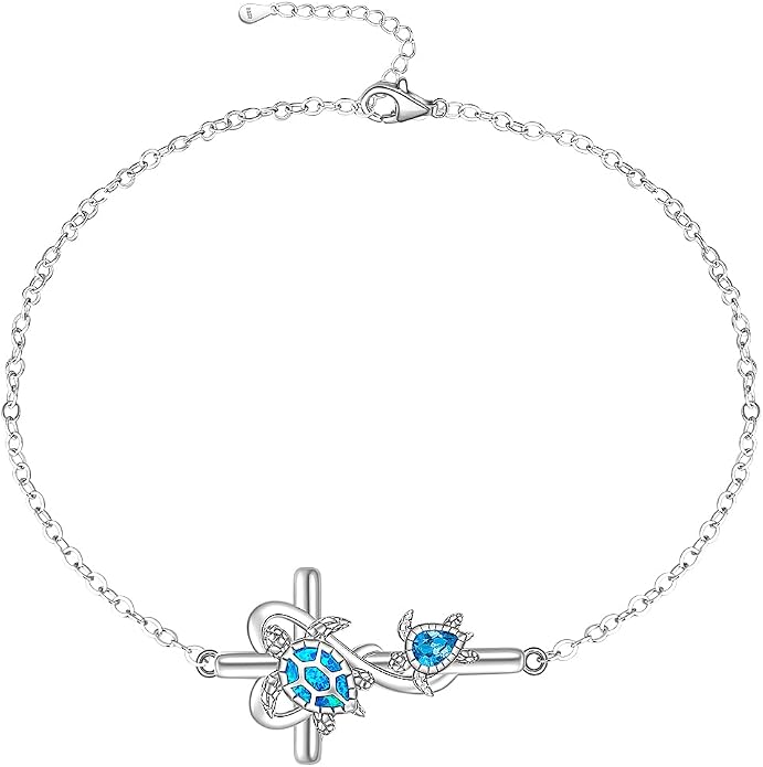 Fenthring Turtle Anklet S925 Sterling Silver Blue Opal Sea Turtle Ankle Bracelets for Women Infinity Wave Ocean Beach Summer Foot Bracelet Jewelry Layered Adjustable