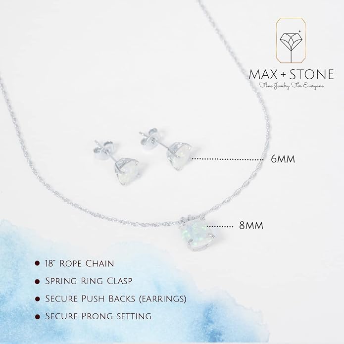 MAX + STONE 14k Gold Plated or Sterling Silver Cushion Cut Gemstone Stud Earrings and Pendant Necklace for Women with 6mm and 8mm Birthstones 18 Inch Chain and Push Backs Jewelry Set