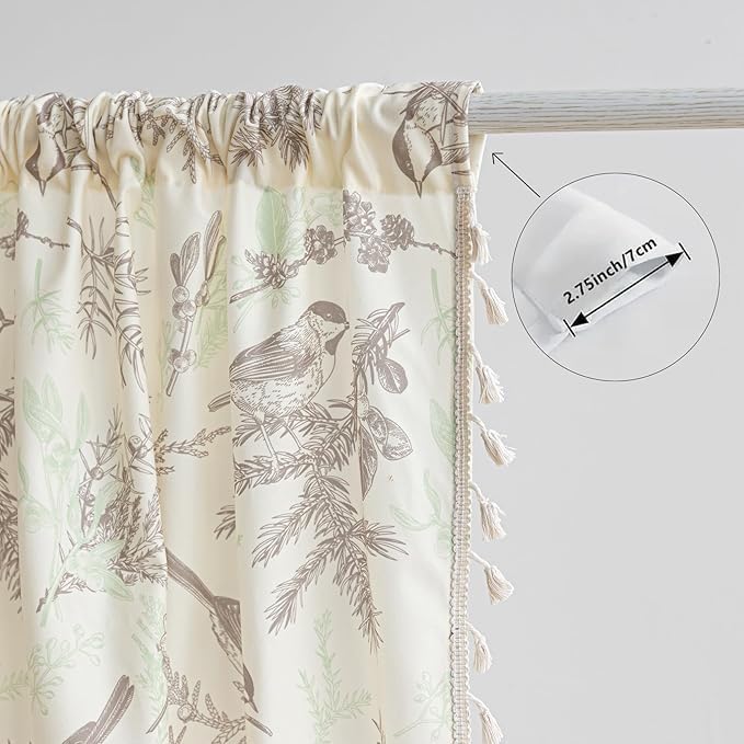 Bird Botanical Curtains 96 Inches Long, Boho Farmhouse Light Filtering Rod Pocket Drapes with Tassel Trim for Bedroom Living Room, 2 Panels
