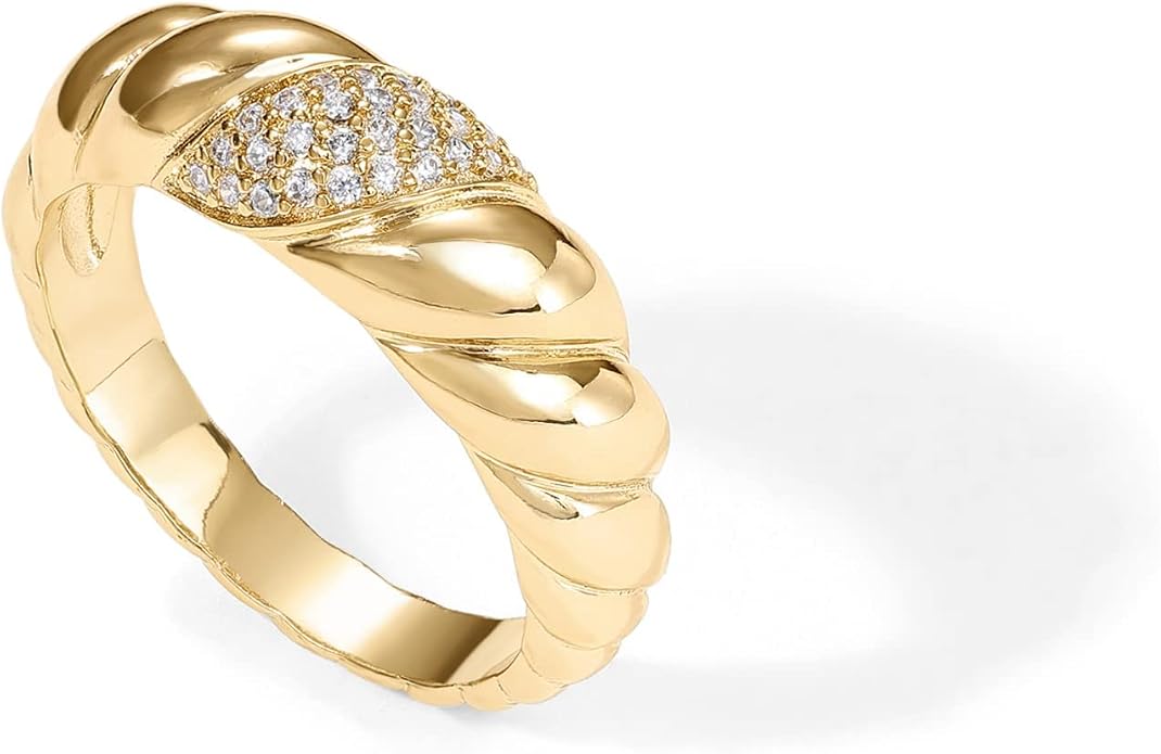 PAVOI 14K Gold Plated Croissant Dome Ring - Twisted Braided Gold Plated - Chunky Signet Ring for Women
