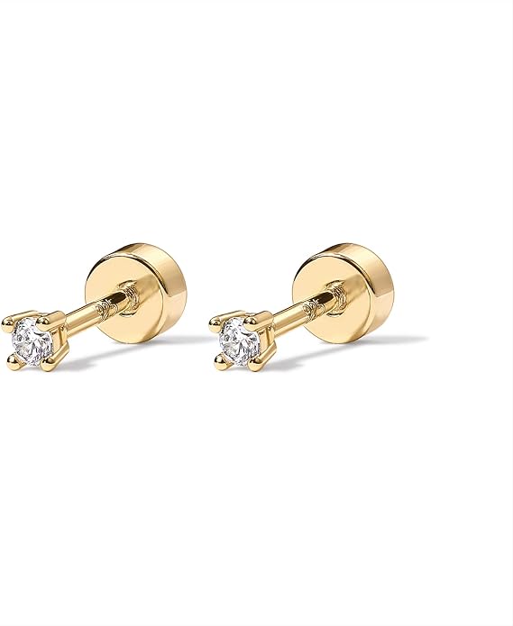 PAVOI 14K Gold Plated Solid 925 Sterling Silver Post Cubic Zirconia Stud Flat Back Earrings for Women | Cartilage Earring | Helix Piercing Jewelry | Small Stud Earrings for Women