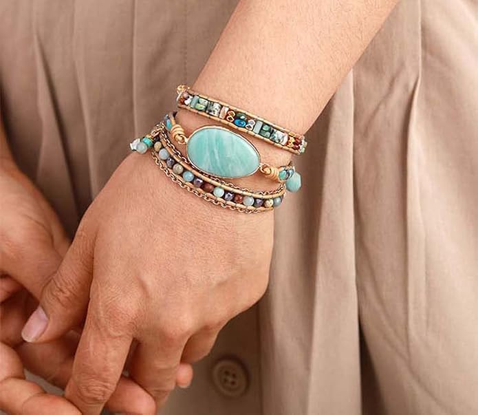 Women Wrap Bracelet Boho Natural Jasper Crystal Stone Beads Strand Bracelets