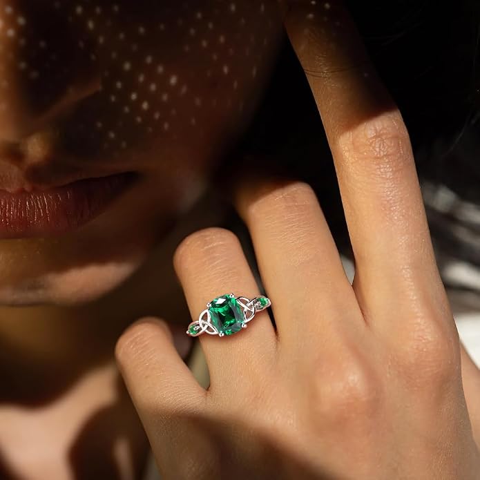 925 Sterling Silver Birthstone Rings for Women Cushion Cut Engagement Celtic Knot Ring Irish Jewelry Created Gemstone Anniversary Rings Size 6-10(with Box)