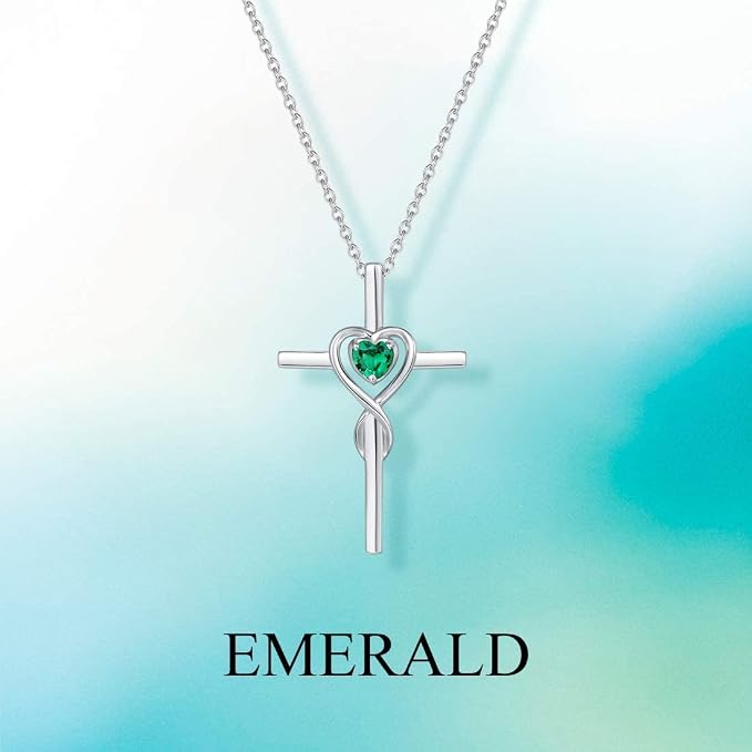 FANCIME Birthstone Cross Necklace for Women Birthstone Necklace Heart Infinity Cross Pendant Necklace Fine Jewelry Christmas Birthday Holiday Gifts for Her, 16"+2" Inches