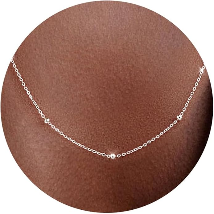 Carffordo 925 Sterling Silver Chain Necklace 16K Gold Plated Beaded Chain Necklace for Women Simple Dainty Choker Necklace Satellite Waterproof Link Necklace Trendy Jewelry Gifts
