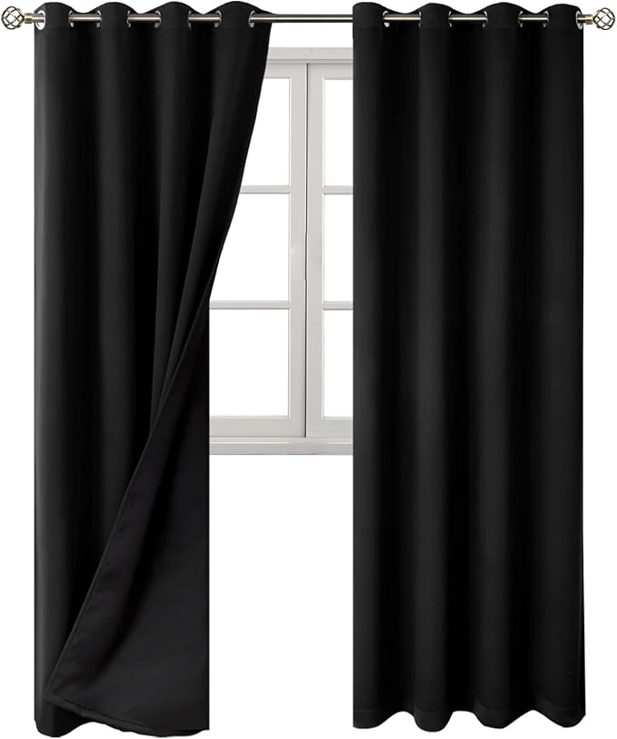 BGment 100% Blackout Curtains 108 Inch Long 2 Panles Set, Thermal Insulated Total Light Locking Soundproof Grommet Curtains & Drapes for Living Room with Black Liner, 52 Inch Wide Each, Black