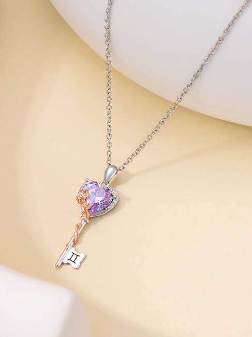 OCJ Zodiac Necklace for Women 925 Sterling Silver Rose Flower Key Pendant Necklaces Zodiac Birthstone Jewelry Wife Birthday Anniversary Christmas Gifts for Her