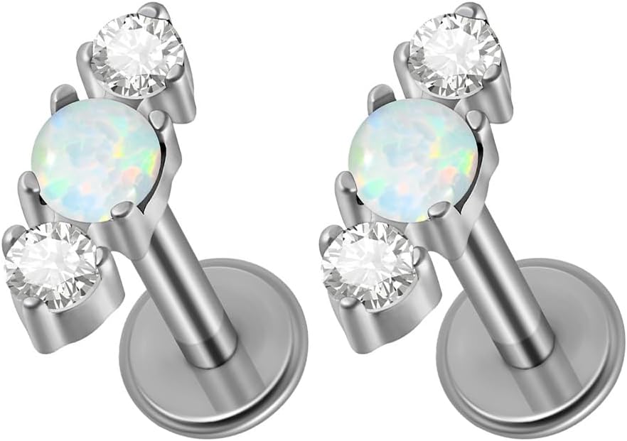 2PCS G23 Titanium Fire Opal CZ Labret Stud Piercing Cartilage Helix Tragus Climber Earrings for Men Women Lip Monroe Body Piercing Jewelry