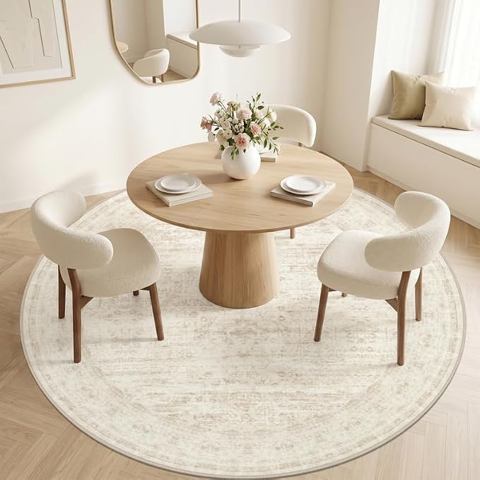 Round Area Rug for Living Room: 8ft Vintage Boho Neutral Washable Circle Rug Soft Large Circular Carpet for Bedroom Nursery Farmhouse Dining Room Office Floor Non-Slip Low Pile Under Table Retro Beige