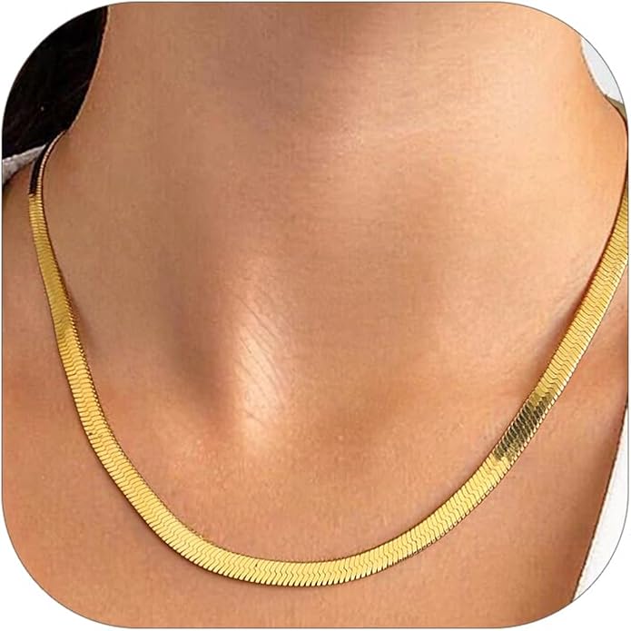 FindChic Black/14K Gold Plated Herringbone Choker Chain Necklace for Women | Waterproof Stainless Steel, Dainty Layering, Flat Snake Chain, Non-Tarnish, Hypoallergenic, Adjustable Extender, Gift Box