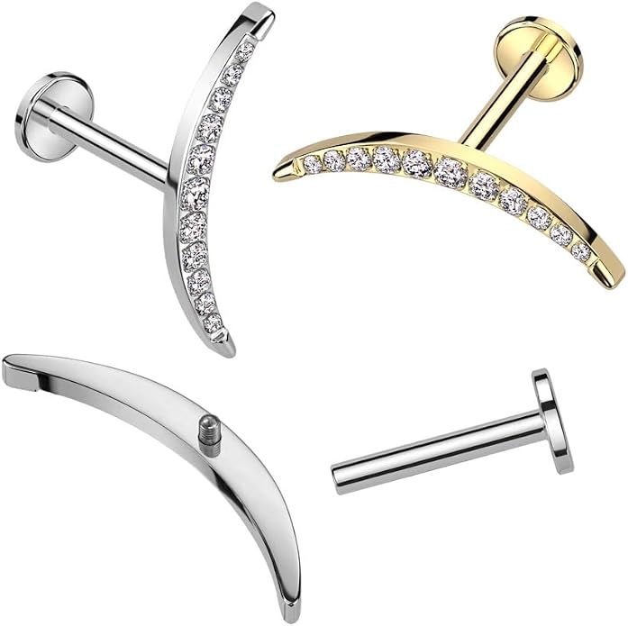 Pierced Owl 16GA ASTM F-136 Implant Grade Titanium Internally Threaded CZ Crystal Paved Long Crescent Moon Flat Back Stud