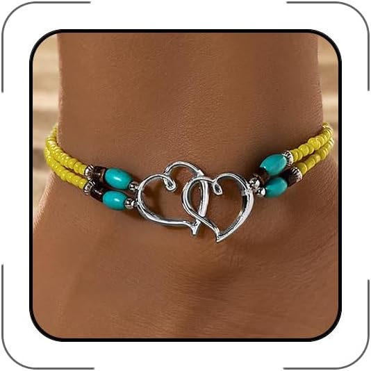 Elastic Beaded Ankle Bracelets for Women Double Heart Layered Stretch Ankle Bracelets Waterproof Dainty Boho Beaded Anklets for Summer Beach Foot Jewelry