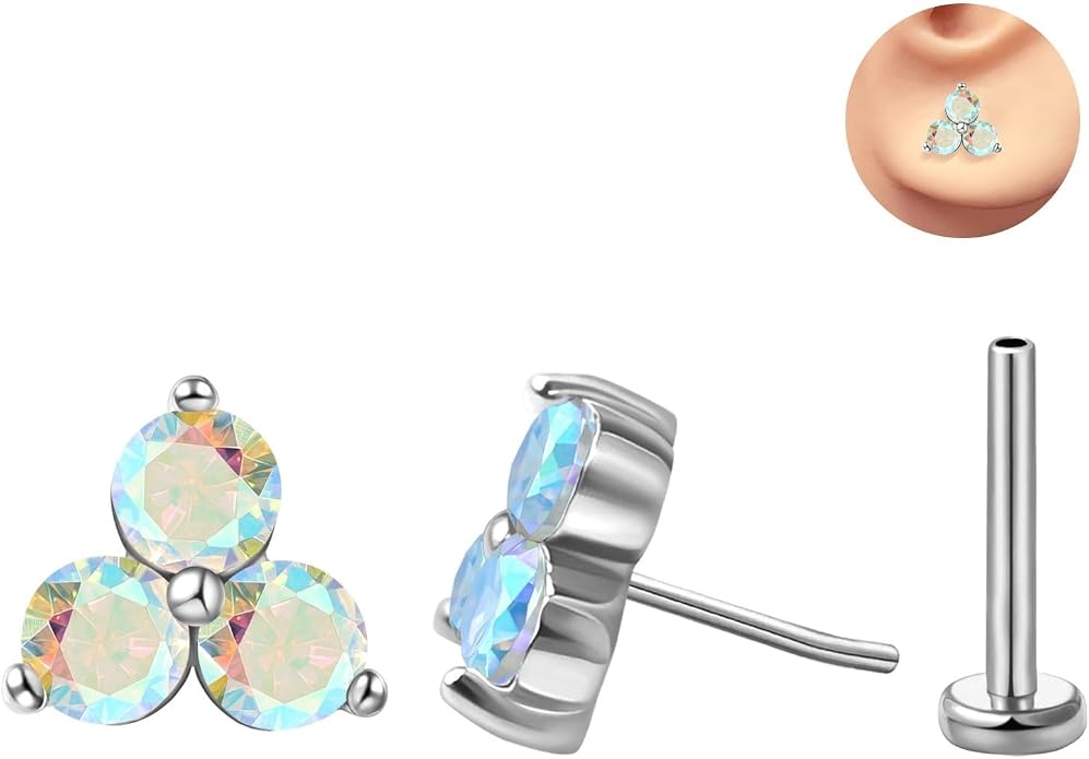 FANSING Cartilage Earring Tragus Stud Trio CZ Stone Flat Back Earring for Helix Conch Threadless Push Pin Labret Stud