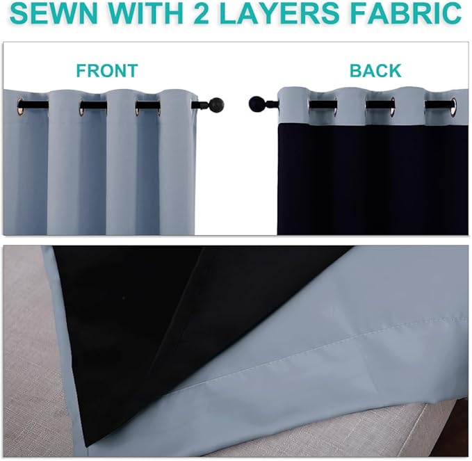 NICETOWN 100% Blackout Window Curtain Panels, Vintage Blue, 2 Pieces, 70" Wide Each Panel, Cold and Full Light Blocking Drapes with Black Liner for Nursery, 84" Drop Thermal Insulated Draperies