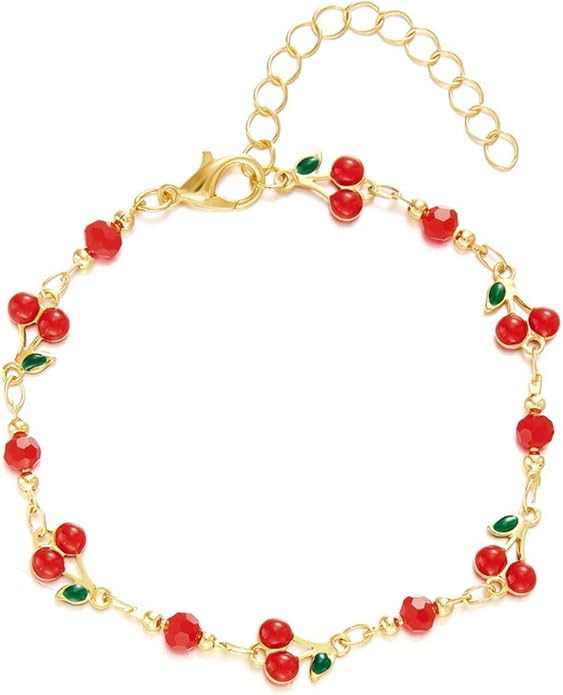 Cherry Bracelet for Women Gold Evil Eye Link Bracelet Dainty Flower Daisy Bracelets Pearl Butterfly Heart Charm Bracelets Adjustable Summer Beach Jewelry