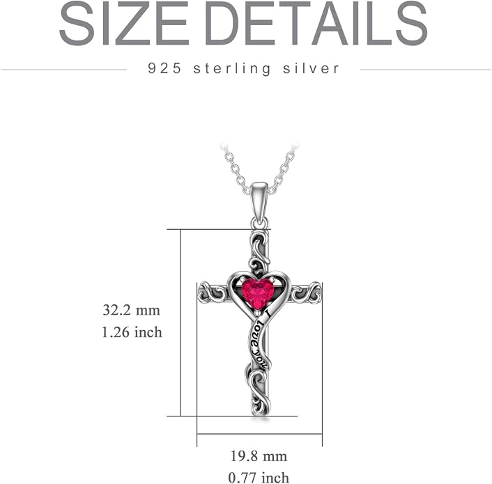 TOUPOP Cross Birthstone Necklace for Women 925 Sterling Silver Heart Cross Pendant I Love You Jewelry Anniversary Birthday Mothers Day Gifts for Mom Wife Her