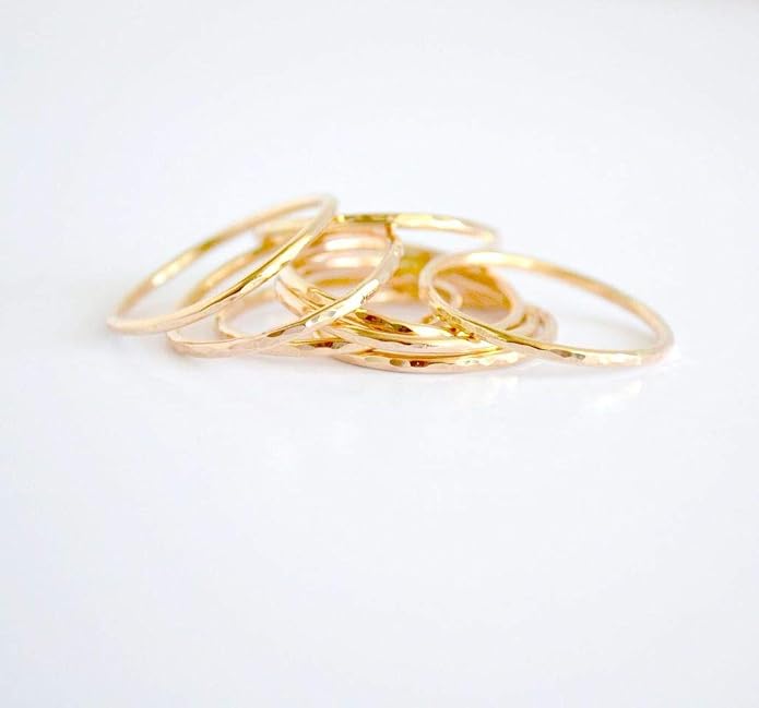 Ellie J Maui Hammered Ring, 1mm Thin Stacking Rings, Minimalist Rings for Women, 14K Gold Filled Rings for Teen Girls Midi Knuckle Pinky Finger Jewerly (Size 3-11)