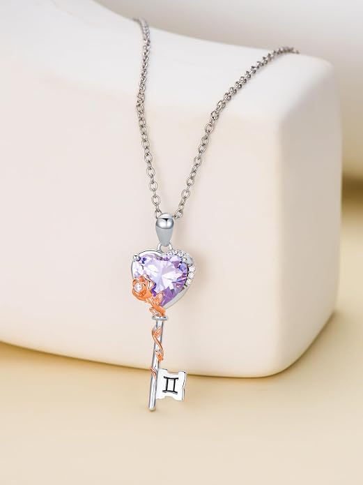 OCJ Zodiac Necklace for Women 925 Sterling Silver Rose Flower Key Pendant Necklaces Zodiac Birthstone Jewelry Wife Birthday Anniversary Christmas Gifts for Her