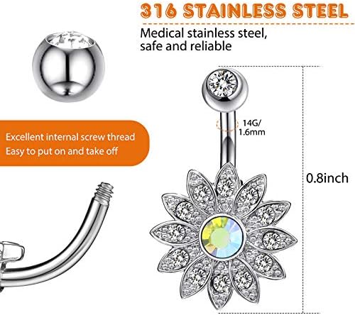 Yaomiao 18 Pcs 14G Stainless Steel Belly Button Ring Rhinestone Heart Dangle Belly Button Rings for Women