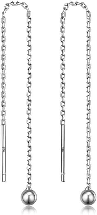 3 Pairs Threader Earrings 925 Sterling Silver Long Chain Earrings Bar/Ball Wrap Threader Drop Earrings for Women Lightweight Minimalist Mother's Day Jewelry Set