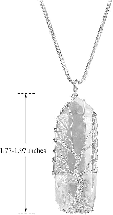 Top Plaza Natural Raw Stone Healing Crystal Necklace Silver Life Tree Wire Wrapped Clear Quartz Point Pendant For Womens Ladies