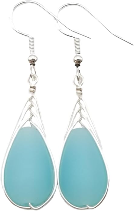 Handmade Sea Glass Earrings, Hawaiian Jewelry, Wire Braided Earrings Teardrop Earrings, Beach Jewelry Sea Glass Jewelry For Women Birthday Gift