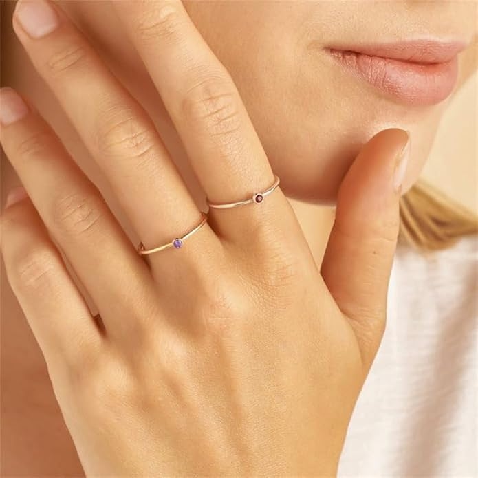 Gold Birthstone Rings for Women 14k Gold Plated Stainless Steel Stackable Ring Dainty Gold Zirconia Ring Engagement Wedding Promise Rings Gemstones Personalized Jewelry