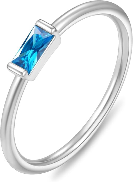 RLMOON Birthstone Rings for Women Non Tarnish Gold Stackable Rings Dainty 14K Gold/Silver Plated Baguette CZ Emerald Green Pinky Ring Personalized Jewelry Gift for Birthday Size 4-10